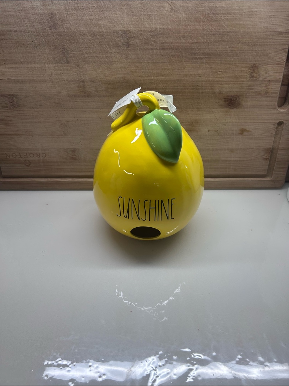 Rae Dunn Yellow Ceramic "SUNSHINE" Birdhouse with Green Leaf